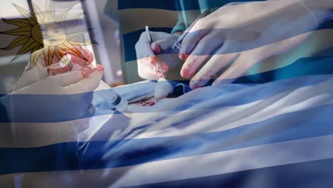 Animation-of-flag-of-uruguay-waving-over-surgeons-in-operating-theatre