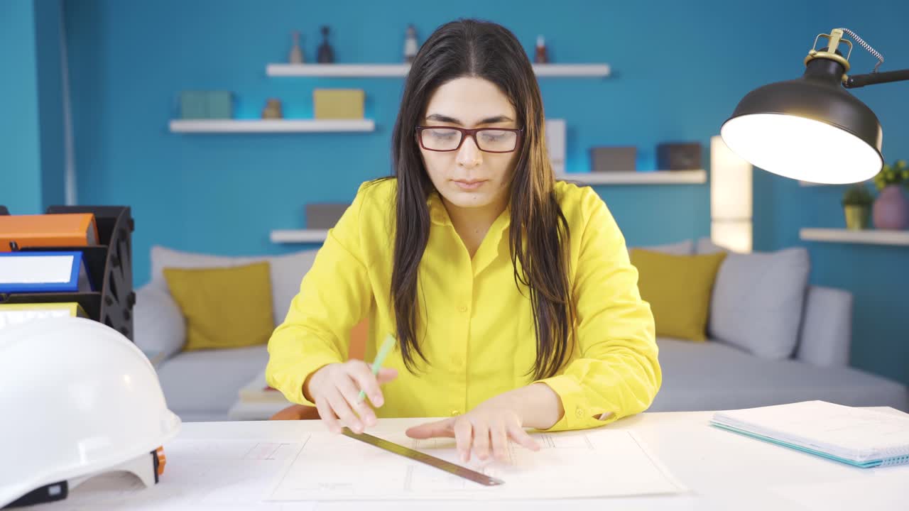 talentosa mujer diseñadora de interiores dibujando en el proyecto.