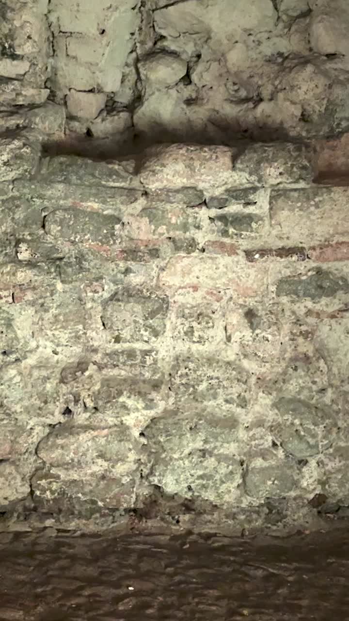 Lenta panoramica verticale attraverso un’antica cripta normanna romanica dell’XI secolo, che mostra pilastri in pietra scolpiti, soffitti a volta, pareti in pietra e pavimento acciottolato. L'illuminazione calda ammorbidisce l'architettura medievale