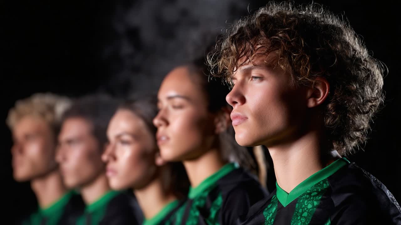 A Captivating Showcase of Intensity and Focus: Young Athletes in Green Jerseys Captured in Dynamic Poses Against a Dark Background