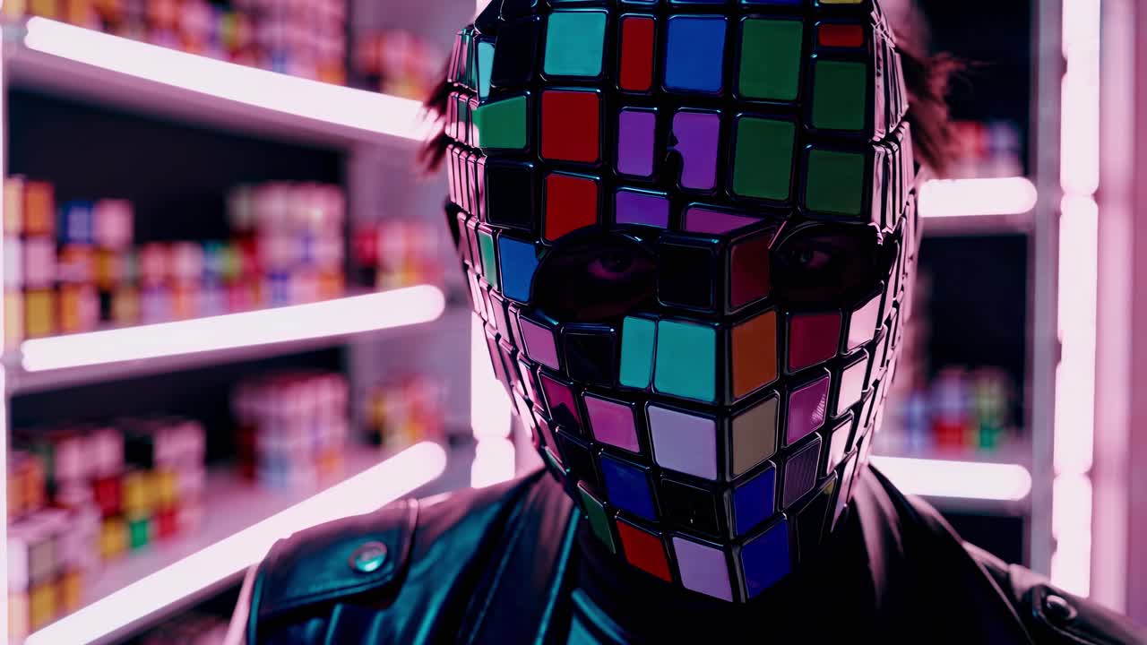 Person with a colorful cube mask stands in a puzzle shop with shelves full of colorful cubes, creating a mysterious and intriguing atmosphere