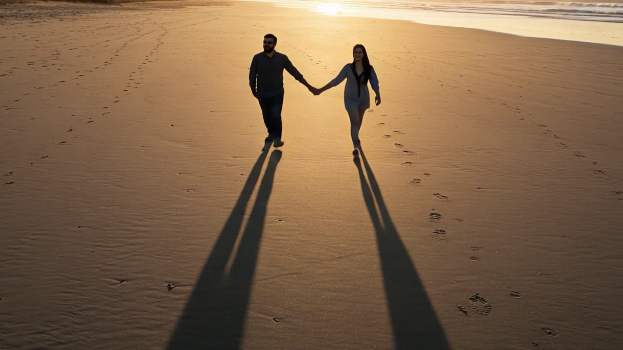 A Couple Strolling Hand in Hand on a Serene Beach at Sunset, Their Shadows Stretching Across the Warm Sand Beneath the Glowing Horizon
