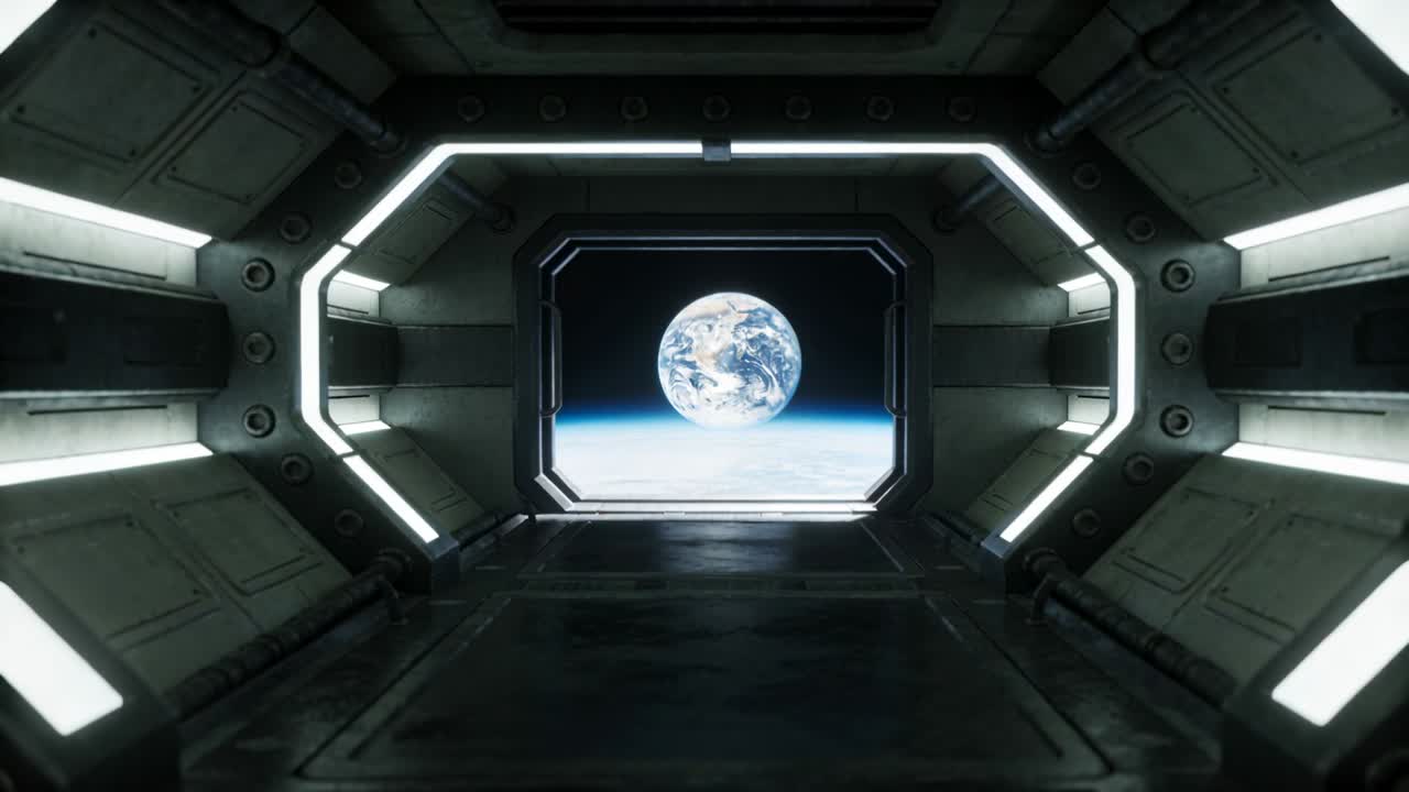 Telecamera che avanza, inquadrando la Terra attraverso l'oblò di un'astronave, con i LED che si riflettono per uno sguardo silenzioso.