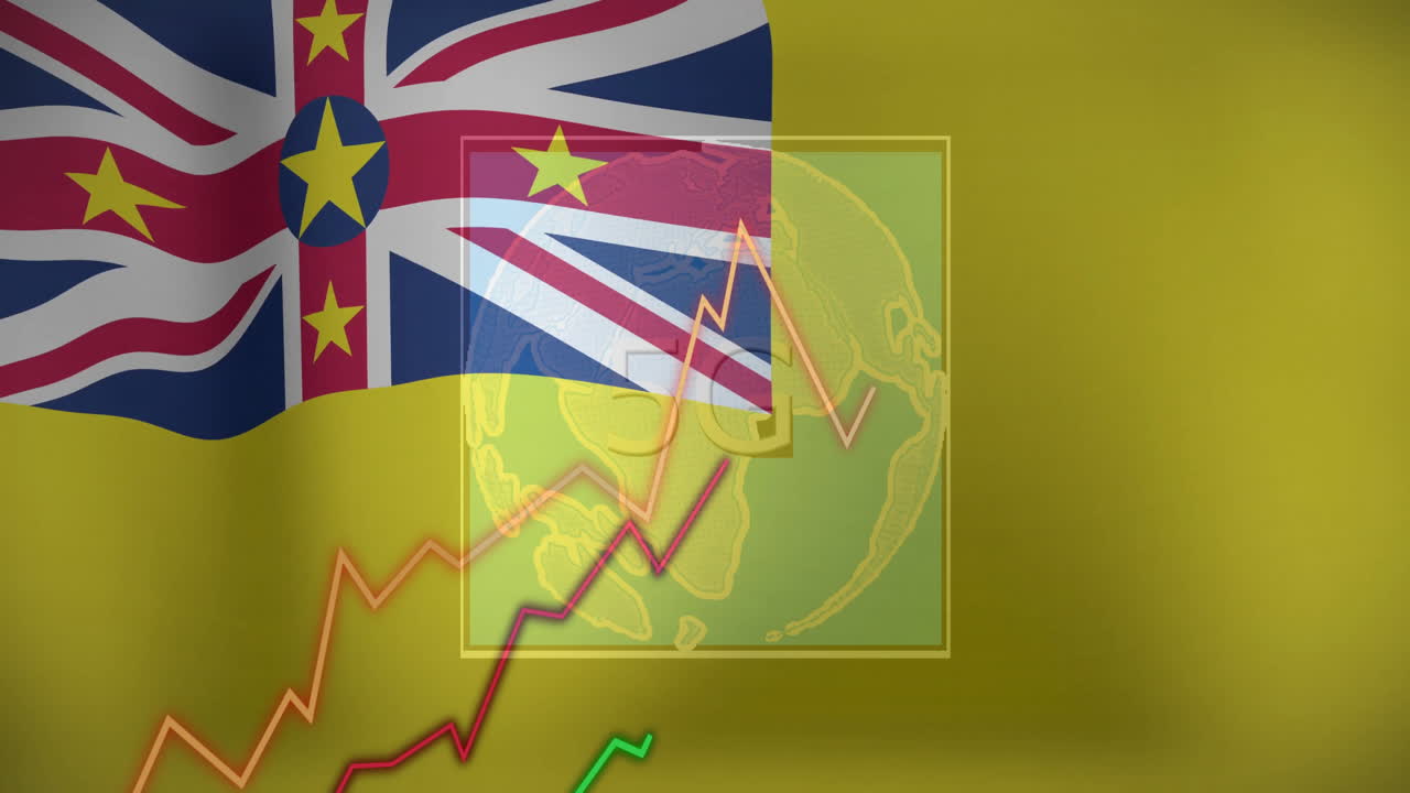 Animation of Niue flag with financial growth chart over globe illustration