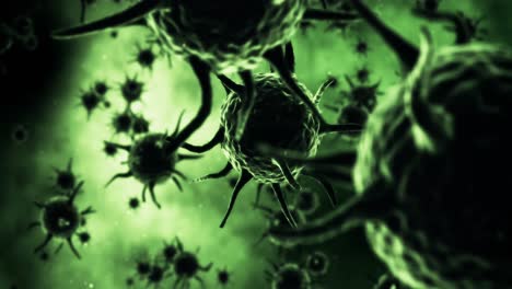 células de virus generadas digitalmente que fluyen contra un fondo verde