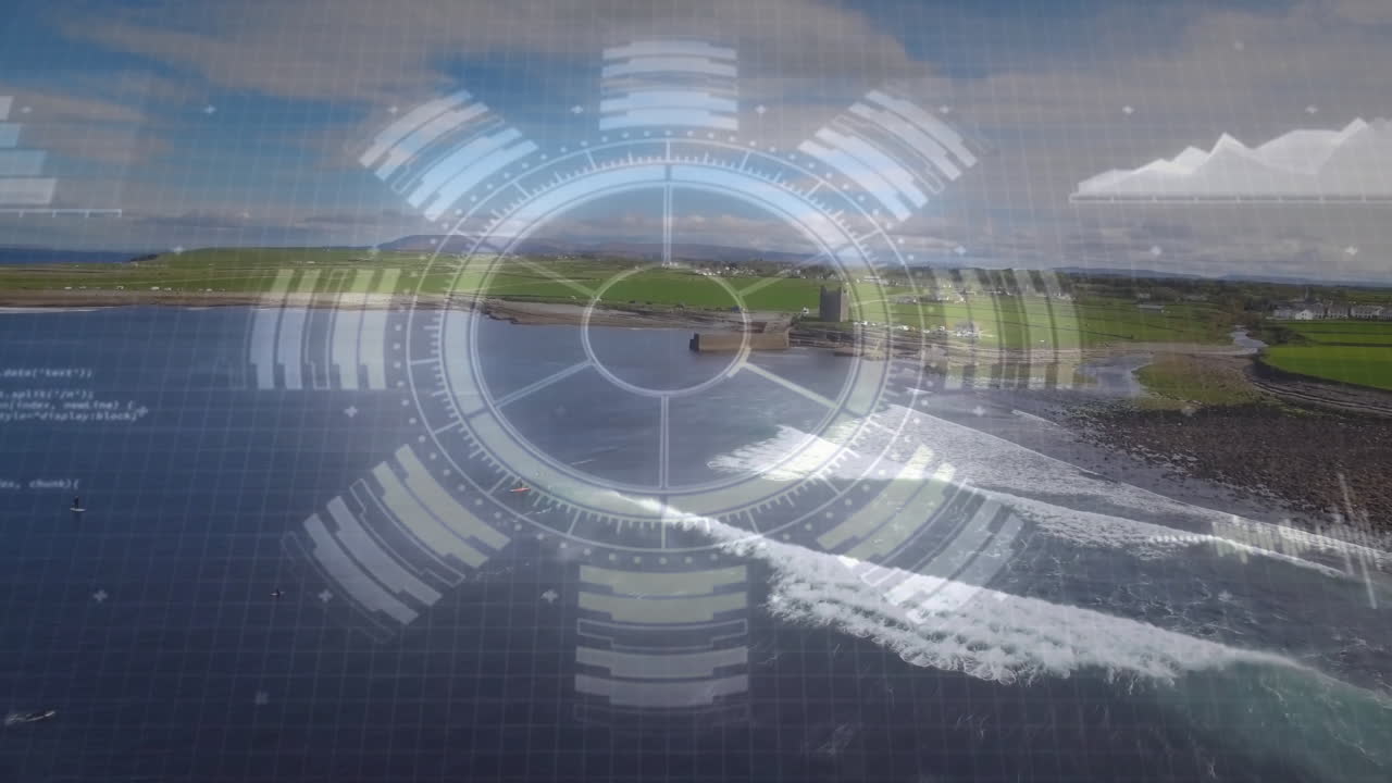 Digital HUD overlaying aerial coastal view showing tower ruin, waves breaking on rocky shoreline