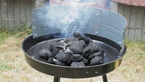 macro of smoke coming out from the burning charcoal into circular grill