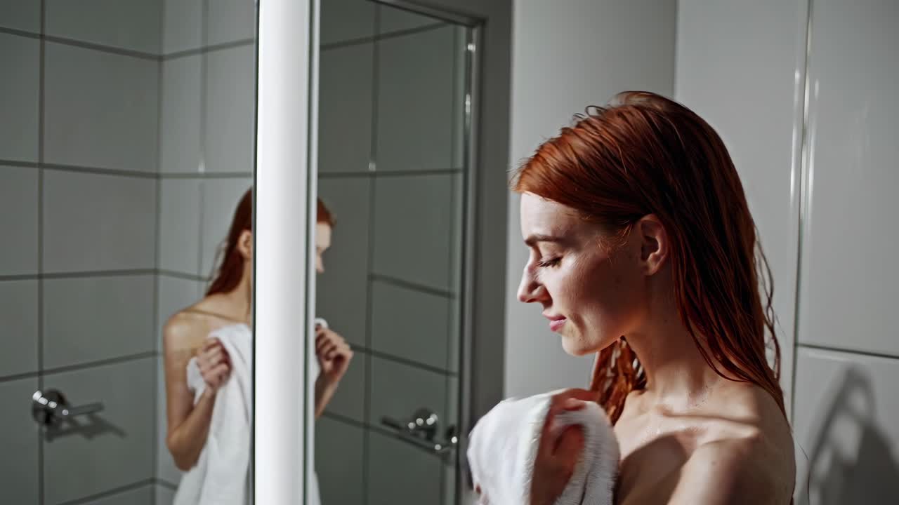 Asciugatura dei capelli della donna in bagno