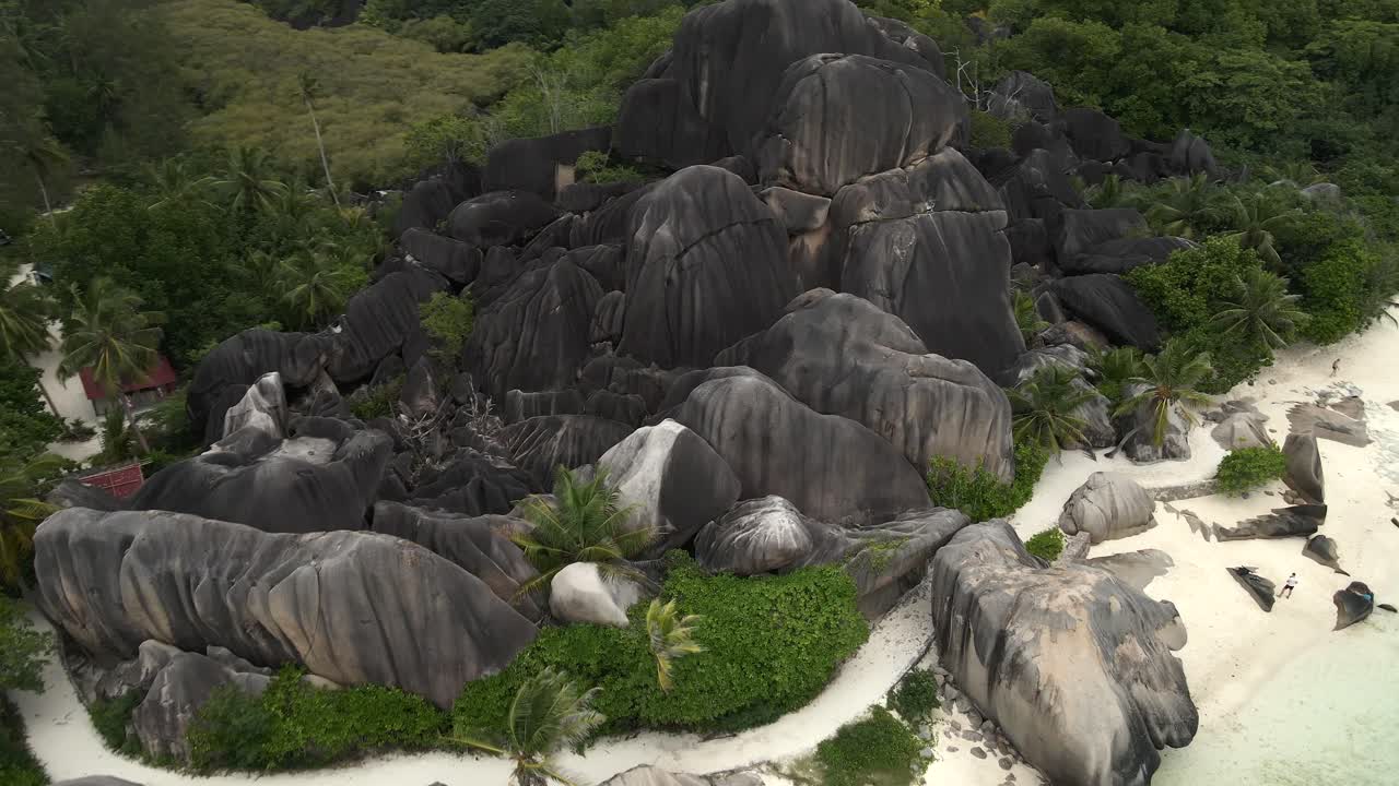 Anse Source d'Argent beach on island La Digue in Seychelles filmed from above