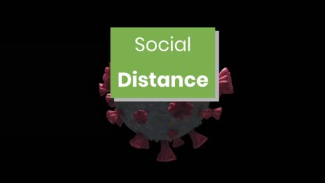 social distance text on green banner over covid-19 cell spinning against black background