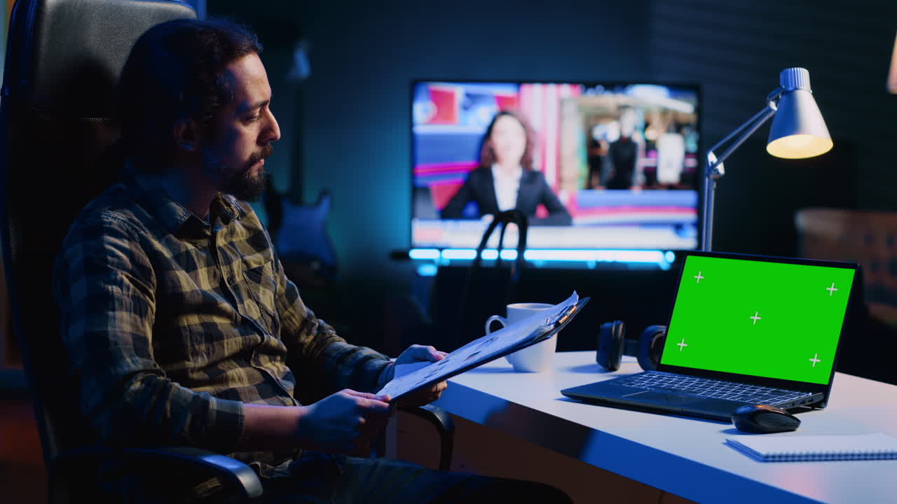 Man analyzing statistical charts on documents in front of green screen laptop