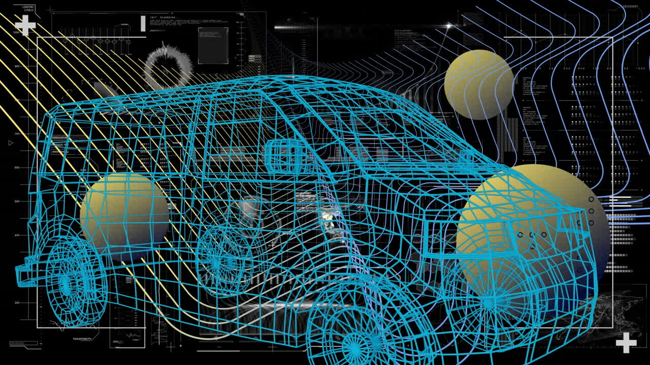 animación de un modelo de furgoneta 3d sobre bolas amarillas y datos