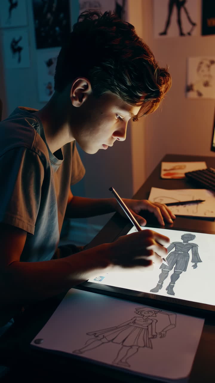 Young Boy Creating Digital Art on a Graphic Tablet