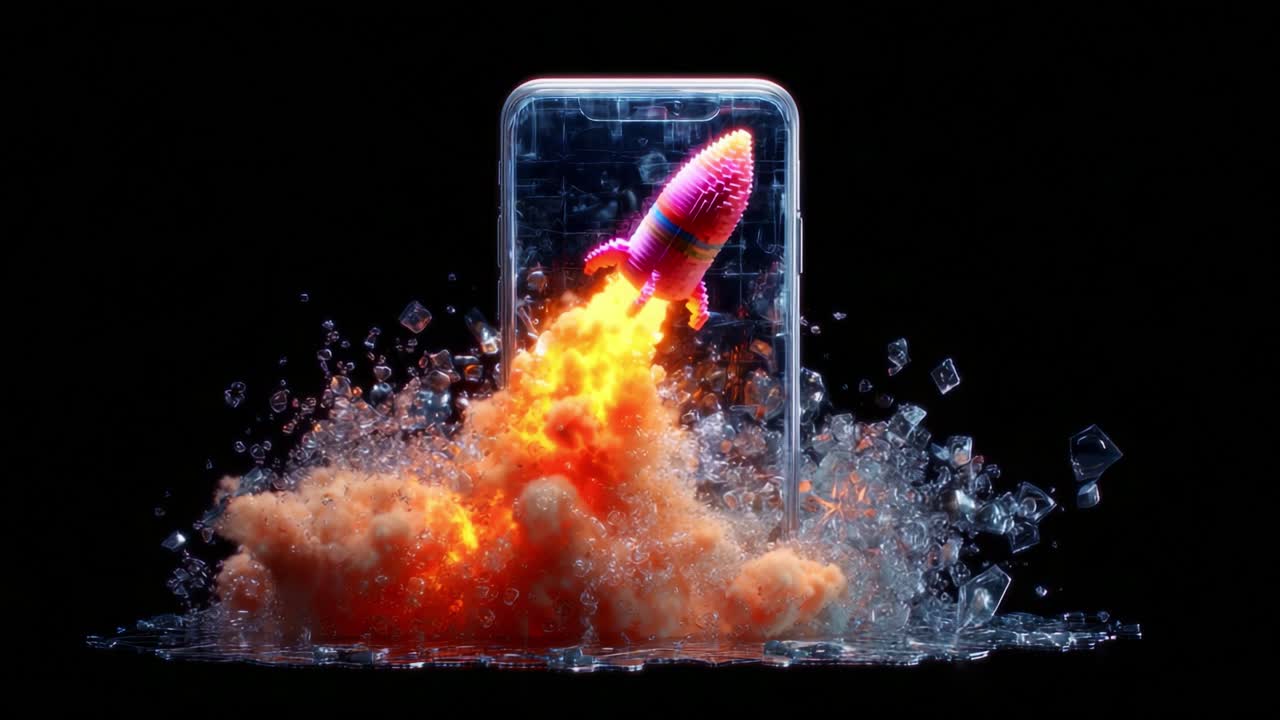A vibrant rocket launches from a smartphone, bursting through a dynamic scene filled with fiery explosions and icy textures, symbolizing innovation and imagination in technology