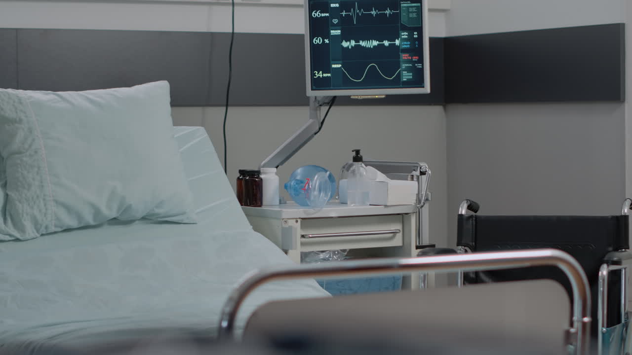 Close up of empty hospital ward bed with medical equipment