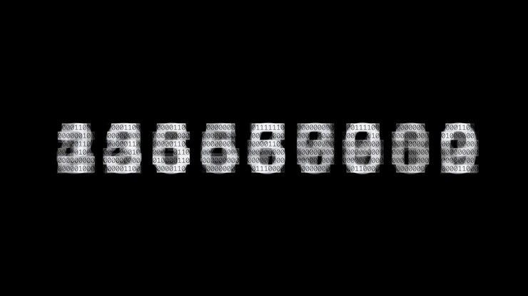 Fast-moving glitchy numbers, distorting on black backdrop