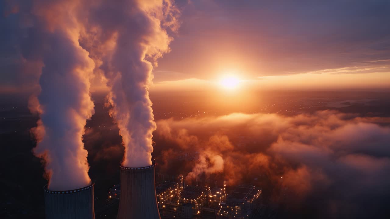 Alba spettacolare su un paesaggio industriale con torri di raffreddamento che emettono vapore e un cielo colorato che crea una potente atmosfera di interazione tra energia e natura