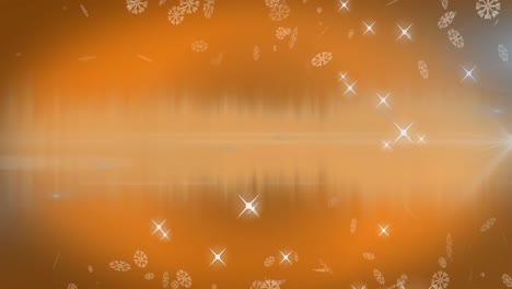 Animation-of-snowflakes-and-stars-falling-on-orange-background