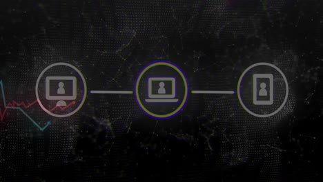 animación de la red de iconos digitales y la red de conexiones contra un fondo negro