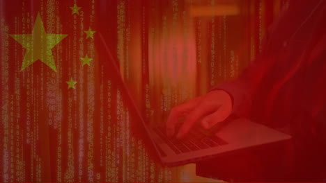 animation of business person using laptop and data processing over flag of china