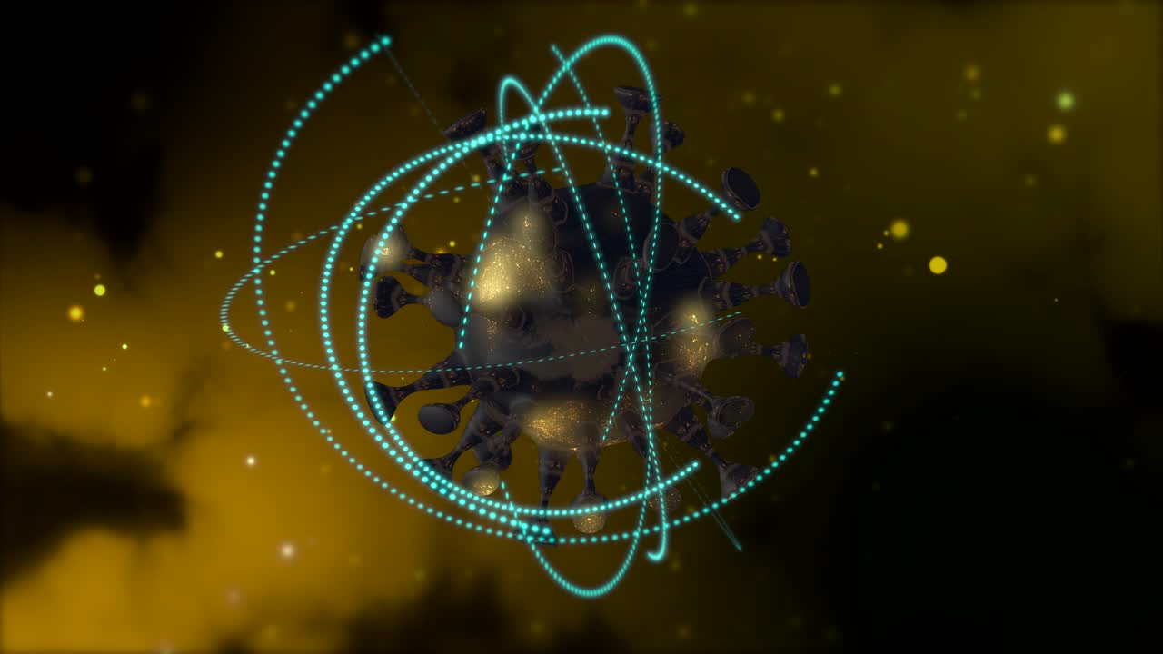 renderizado en 3d de una célula de virus abstracta dentro de una burbuja transparente sobre un fondo amarillo oscuro borroso.