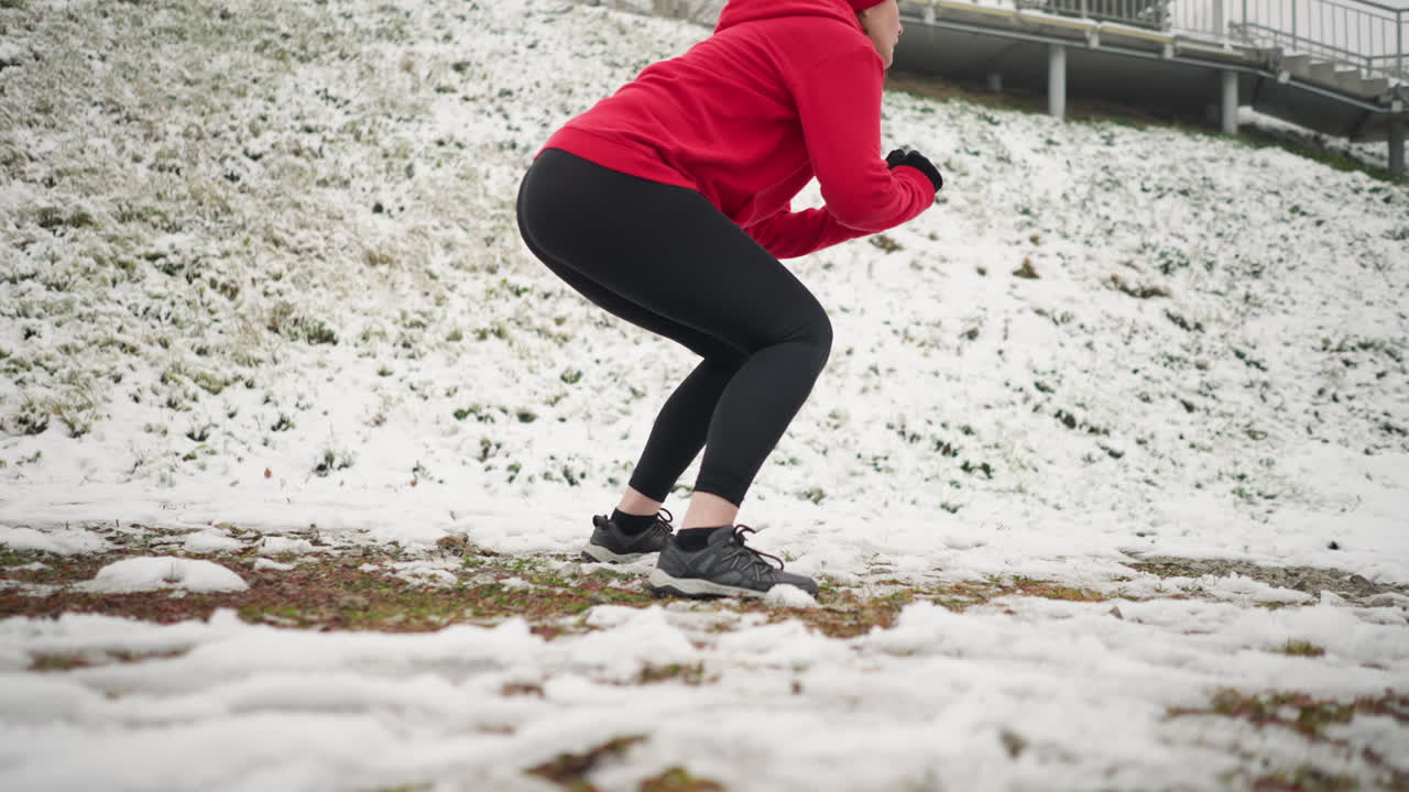 Woman performing jump squats during winter outdoor workout on snowy ground, wearing red hoodie and black leggings, background includes iron railing, staircase, snowy hill, and bag