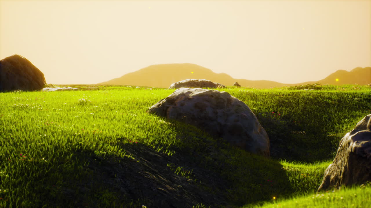 산 의 배경 에 있는 초록색 초원