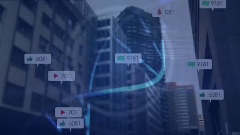 Animation-Von-Mediensymbolen-Und-DNA-Strang-über-Dem-Stadtbild