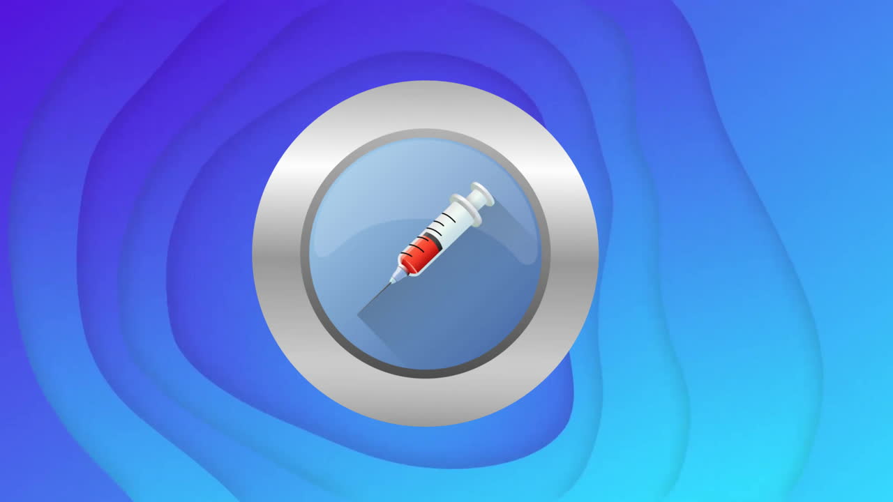 animación de una jeringa en círculo azul en marco plateado girando sobre fondo azul