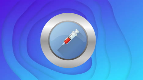 animation of syringe in blue circle in silver frame spinning on blue background