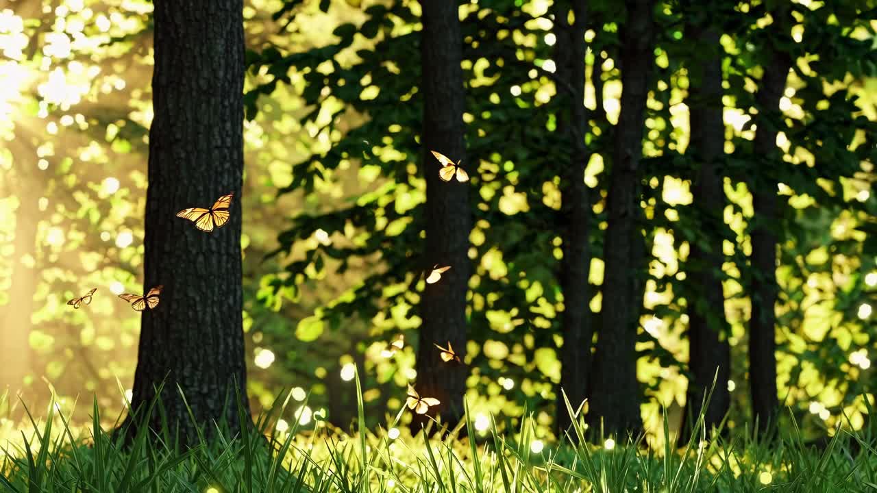 A serene video scene of butterflies fluttering in a sunlit forest