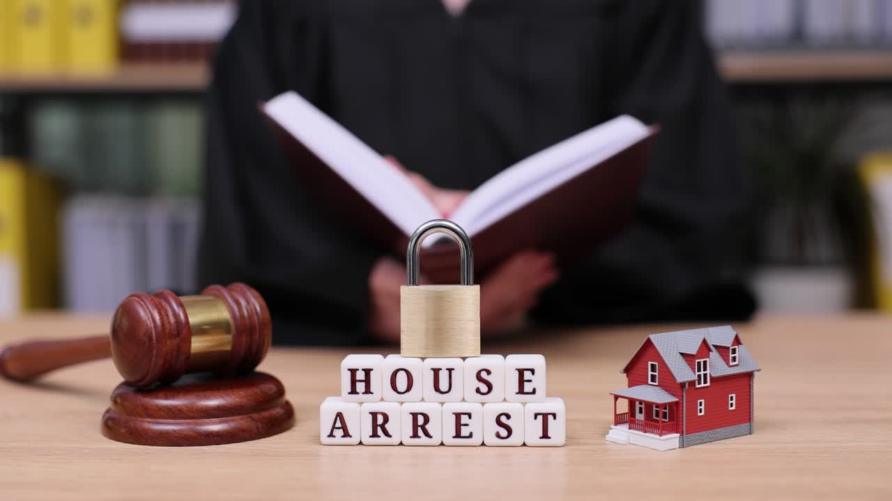 House Arrest Concept with Judge, Gavel, and Model House