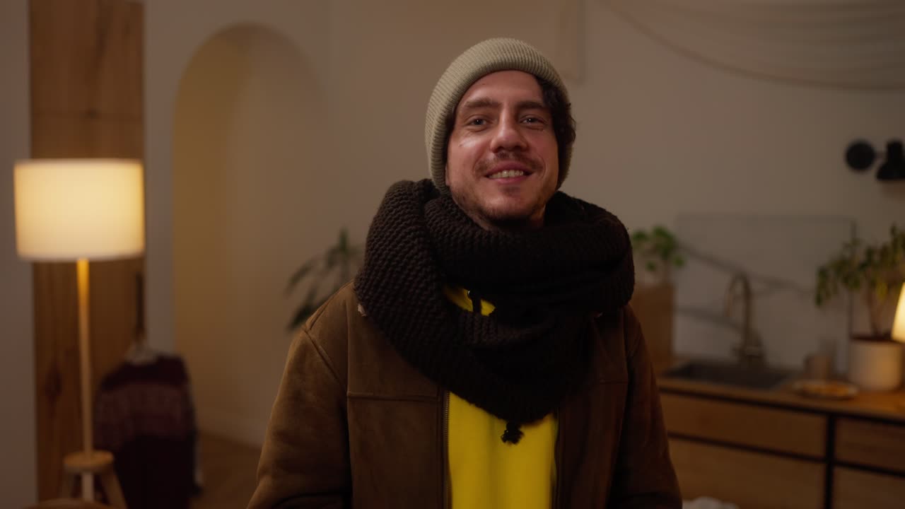 Man Wearing Warm Clothes in a Cozy Living Room