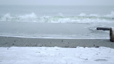 Nevadas-En-La-Playa,-Olas-Borrosas-En-Cámara-Lenta,-Día-Cubierto-De-Nieve