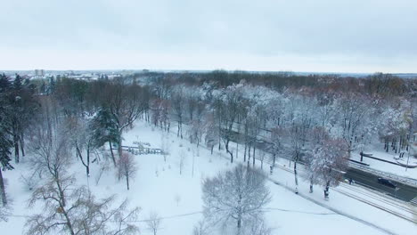 rising above city park in winter season. cars and public transport going by the cleaned road. cityscape at backdrop. top view.