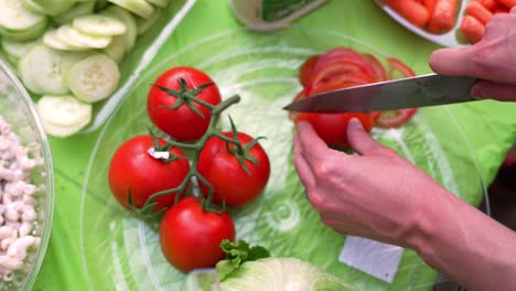 ripe red tomato being sliced in wide camera shot during barbecue backyard party by married women’s hands with wedding ring, and cucumbers pasta salad and other fixings