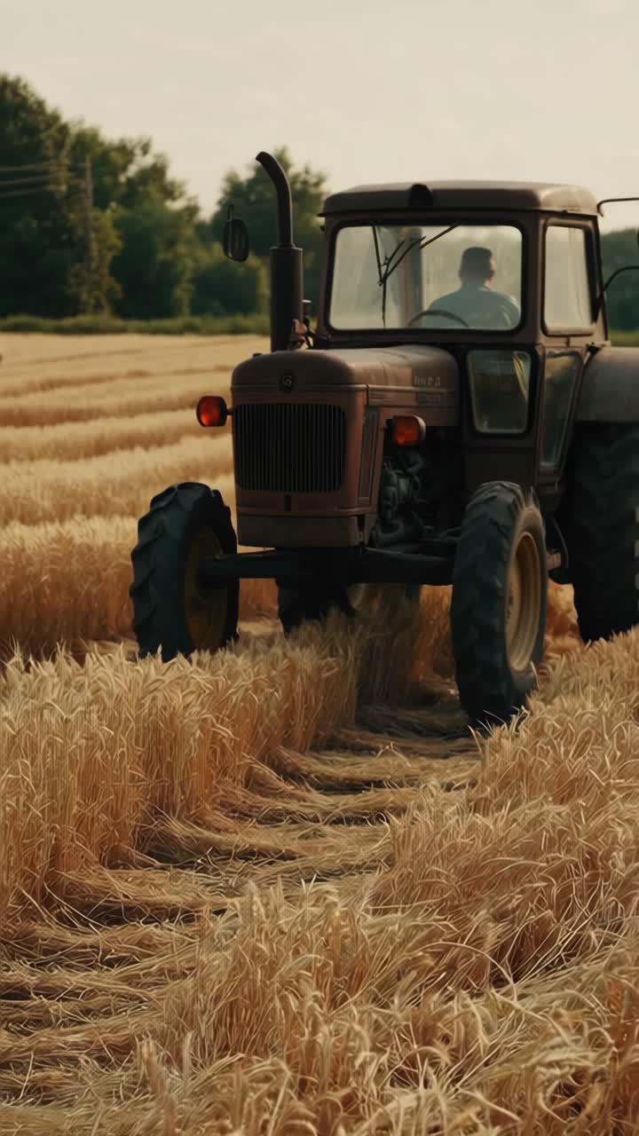 Farmers Harvesting Wheat Field with Tractor