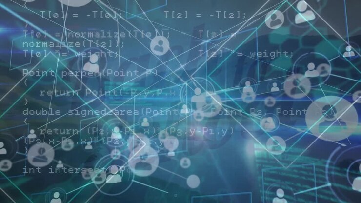 Animation of data processing and network of connections over landscape