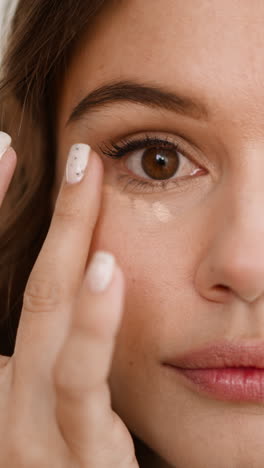 focused lady blends liquid concealer under eyes with finger to cover dark circles. young woman prepares facial skin for professional makeup closeup