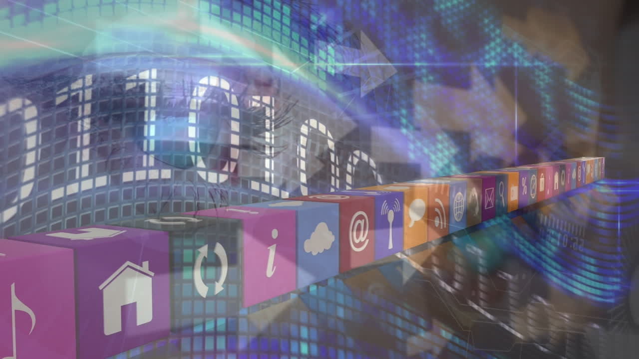 데이터 처리, 기술 아이콘 및 화살표의 애니메이션이 디지털 화면에서 움직입니다.