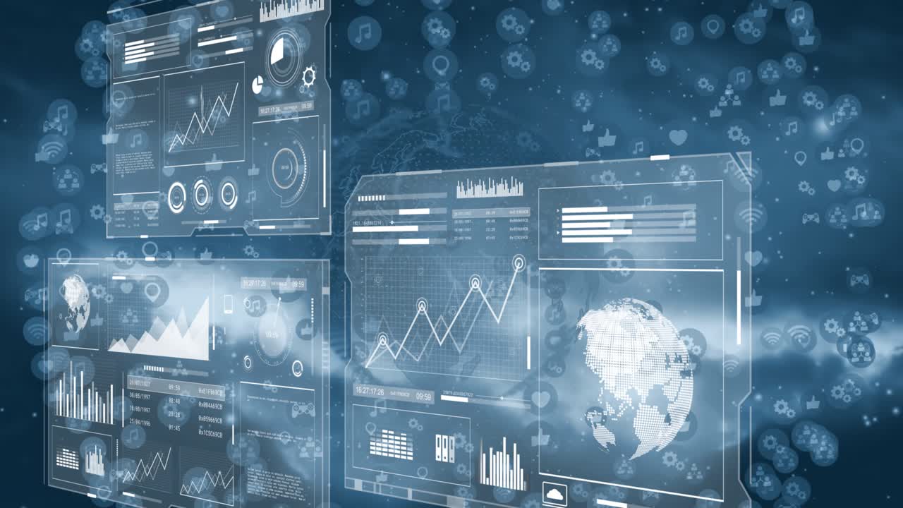 On load four-panel translucent HUD cluster rotating and updating charts to visualize live data