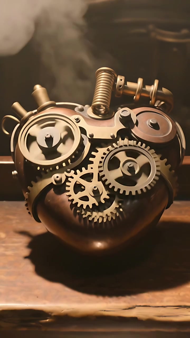 Vídeo vertical: Câmera recuando, coração steampunk acionando engrenagens sob pressão de vapor em uma bancada.
