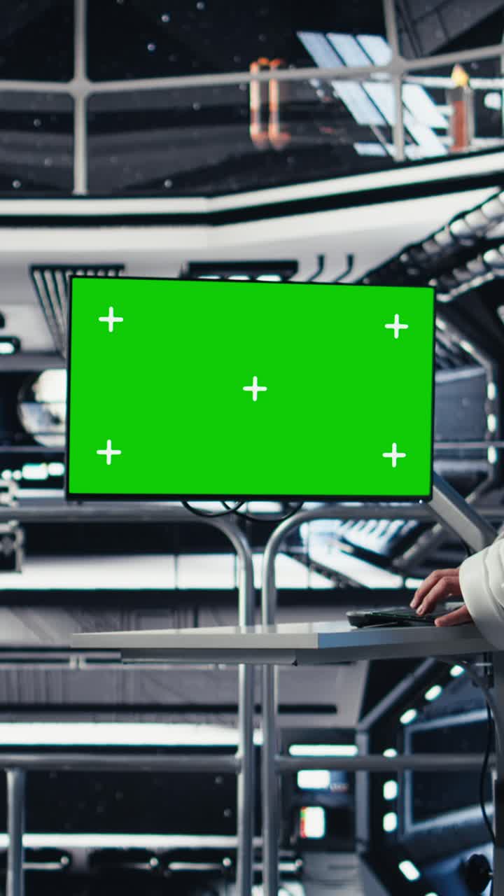 Vertical video Astronaut returning from planet surface takes helmet off, talking with colleague