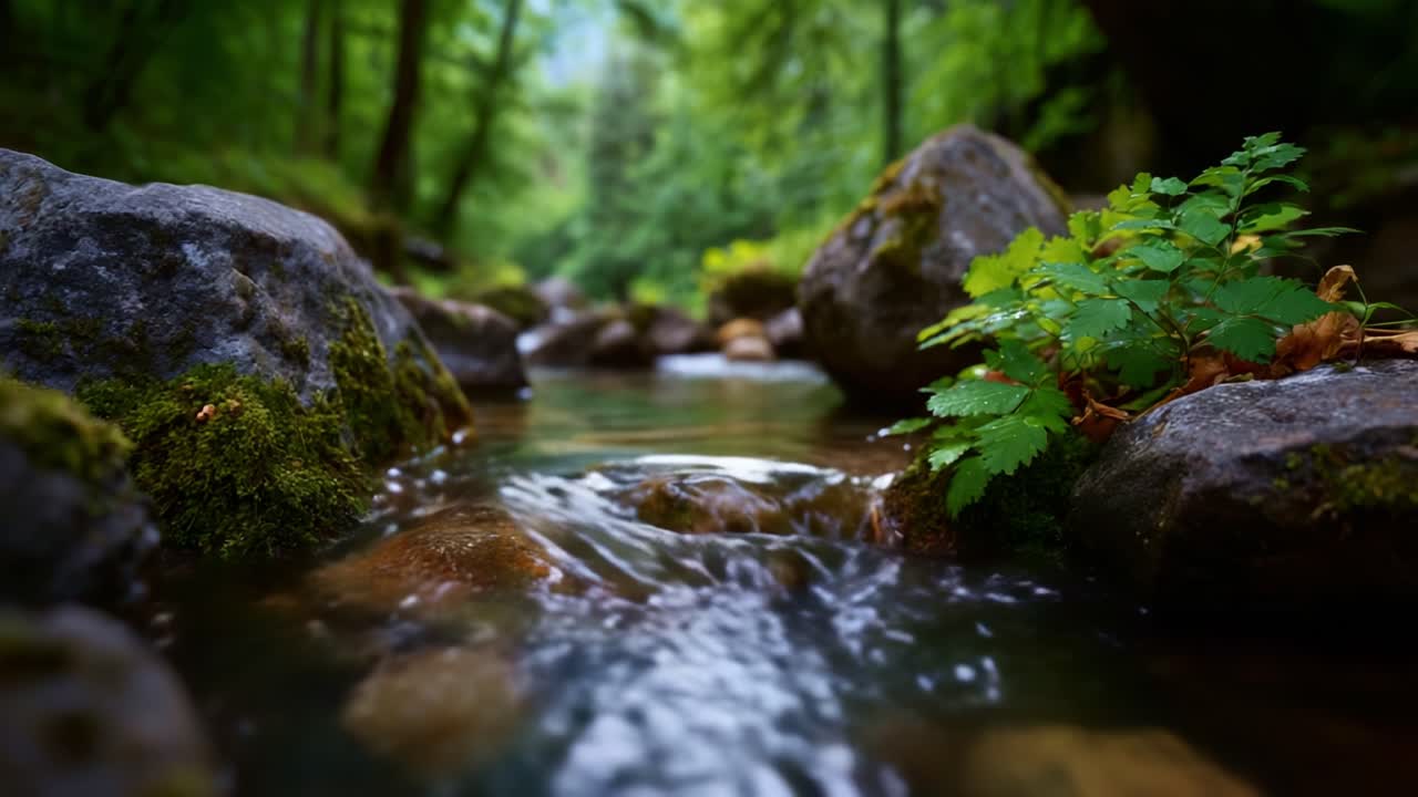 A Serene Stream Flowing Through Lush Green Forest, Featuring Smooth Rocks and Vibrant Ferns Along the Water's Edge in a Peaceful Wilderness Setting