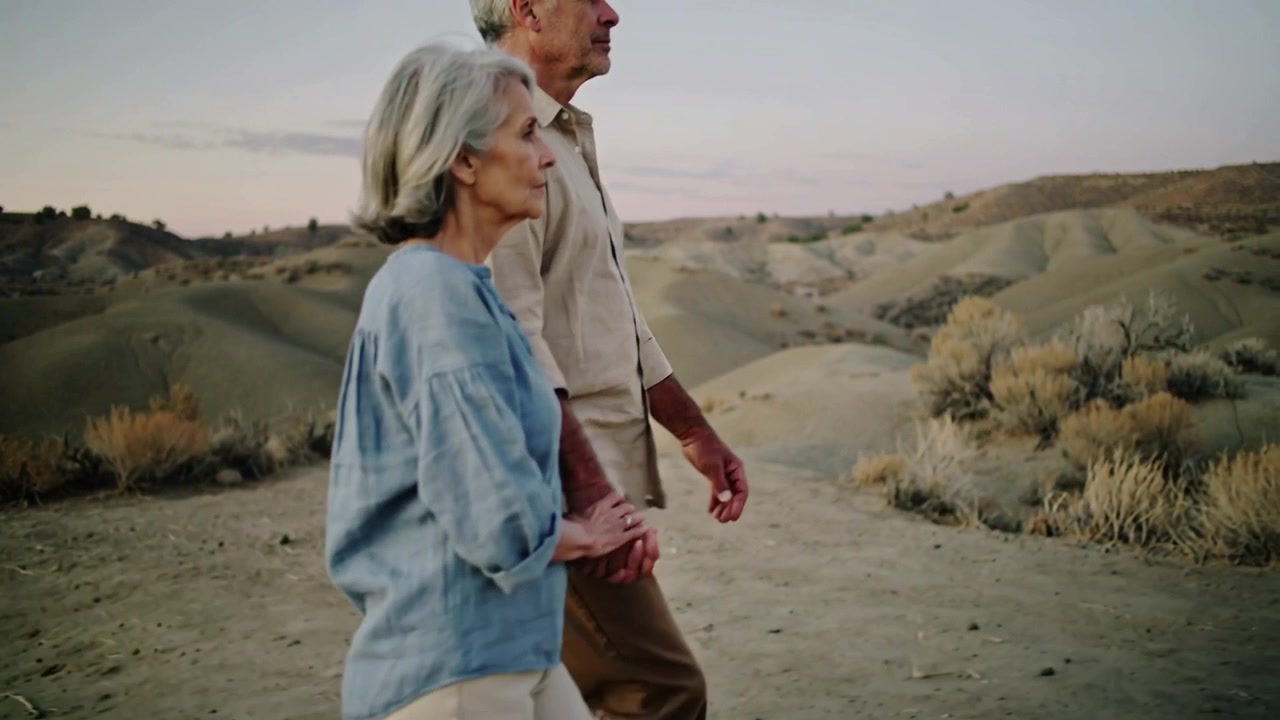 Coppia anziana che cammina tenendosi per mano, rallentando mentre guarda il tramonto su un sentiero collinare, con un anello visibile.