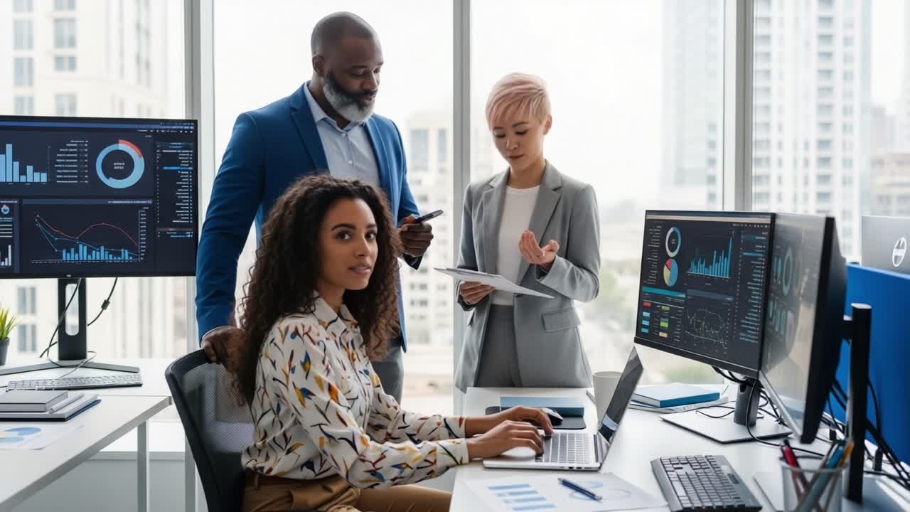 Collaborative Workplace Discussion: Business Professionals Analyzing Data and Strategies in Modern Office Environment with Technology-driven Insights