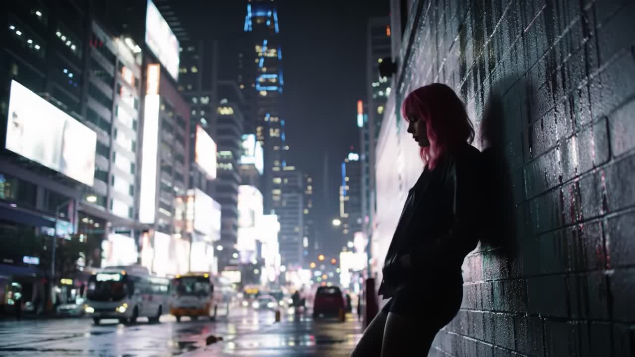 Nighttime Urban Scene Featuring a Figure with Pink Hair Leaning Against a Wall in a Lively City Setting, Captured with Vibrant Lights and Reflections on Wet Streets