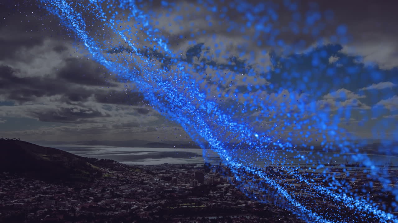 도시 풍경 위의 파란색 반점의 애니메이션