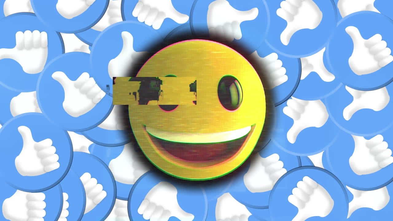 웃는 이모지 아이콘과 검은색 배경 위에 엄지손가락을 올리는 아이콘의 애니메이션