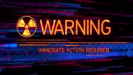 animation of warning text banner and radioactive symbol against glowing blue and pink light trails